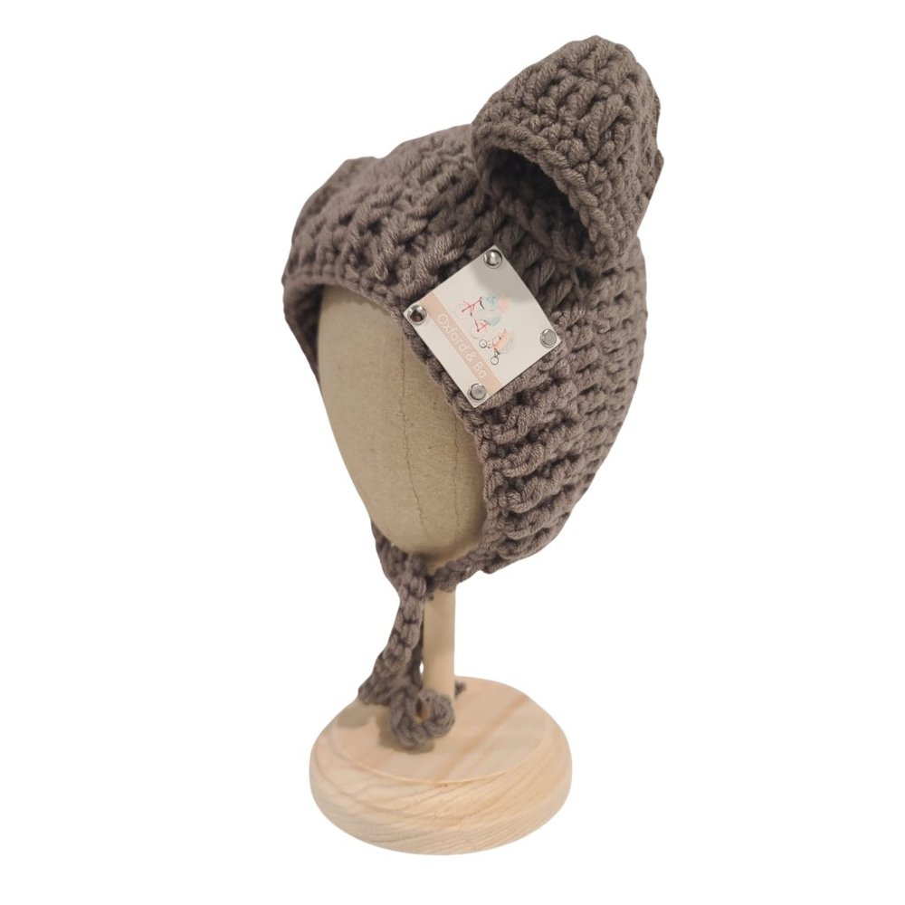 Finn Crocheted Bear Beanie With Ties, Brown